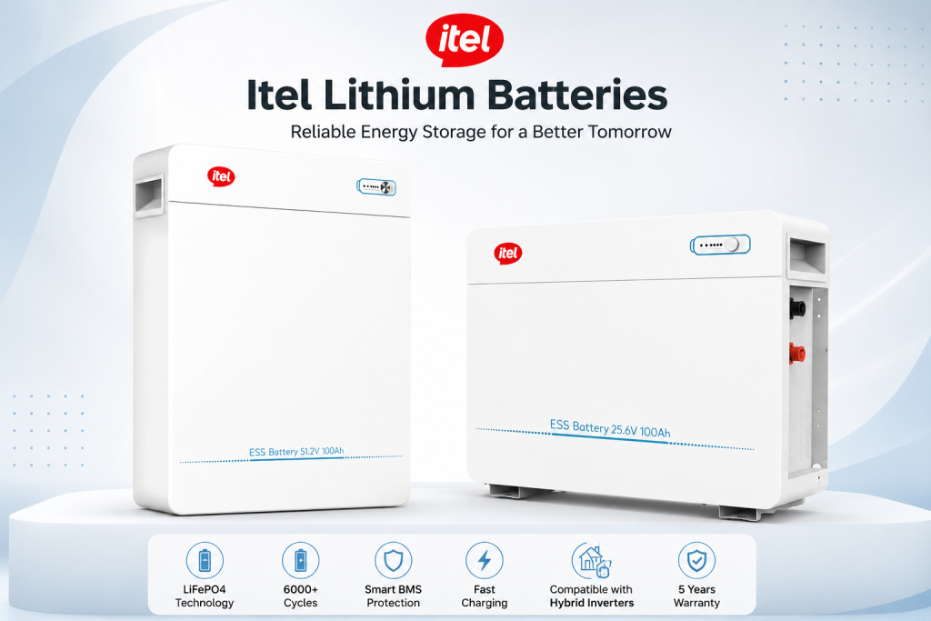 Itel 24V 100Ah 2.56kWh and 51.2V 100Ah 5.12kWh LiFePO4 lithium batteries IP21 for solar energy storage systems by Global Energy Solution