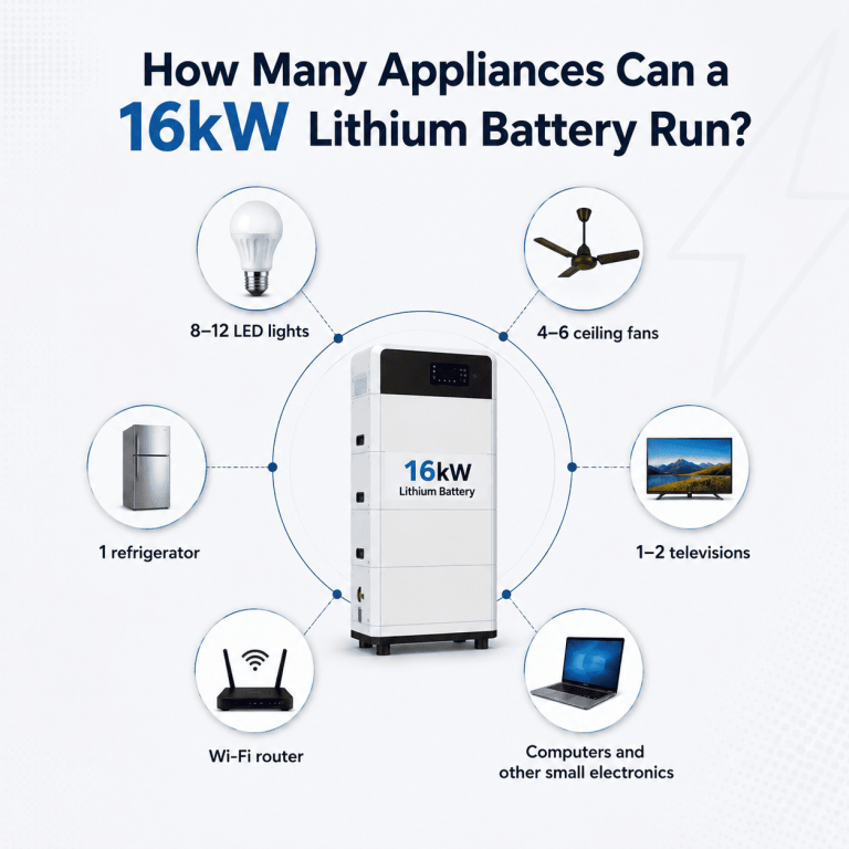 16kW lithium battery infographic showing LED lights, ceiling fans, refrigerator, TVs, Wi-Fi router, and computers it can power.