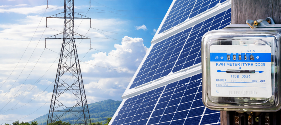Net metering policies in Pakistan showing solar panels, electricity transmission tower, and net meter connected to the national grid
